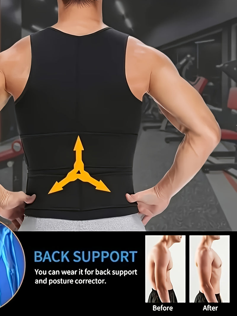 Men's Neoprene Sauna Zipper Waist Training Vest, Slimming Body Shaper with Two Belts