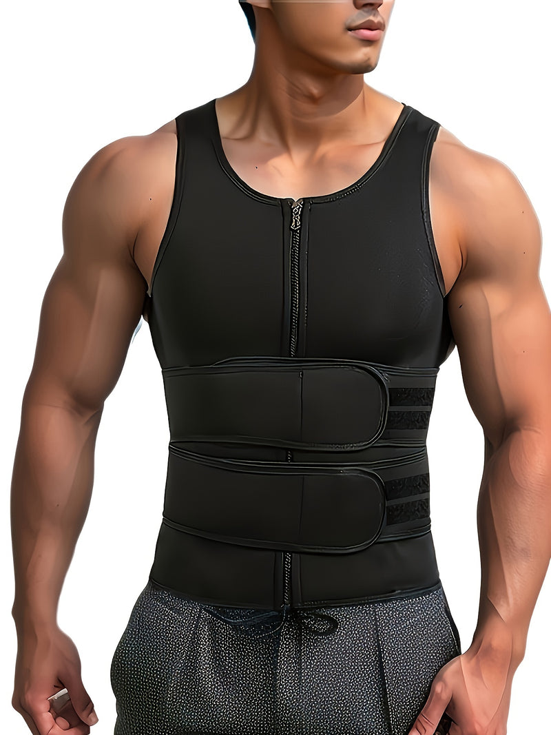 Men's Neoprene Sauna Zipper Waist Training Vest, Slimming Body Shaper with Two Belts