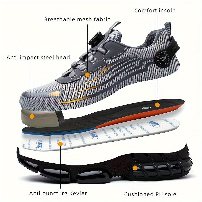 Plus Size Men's Steel Toe & Puncture Proof Safety Shoes With Rotating Buckle, Comfy Non Slip Durable Breathable Work Shoes, Men's Functional Footwear