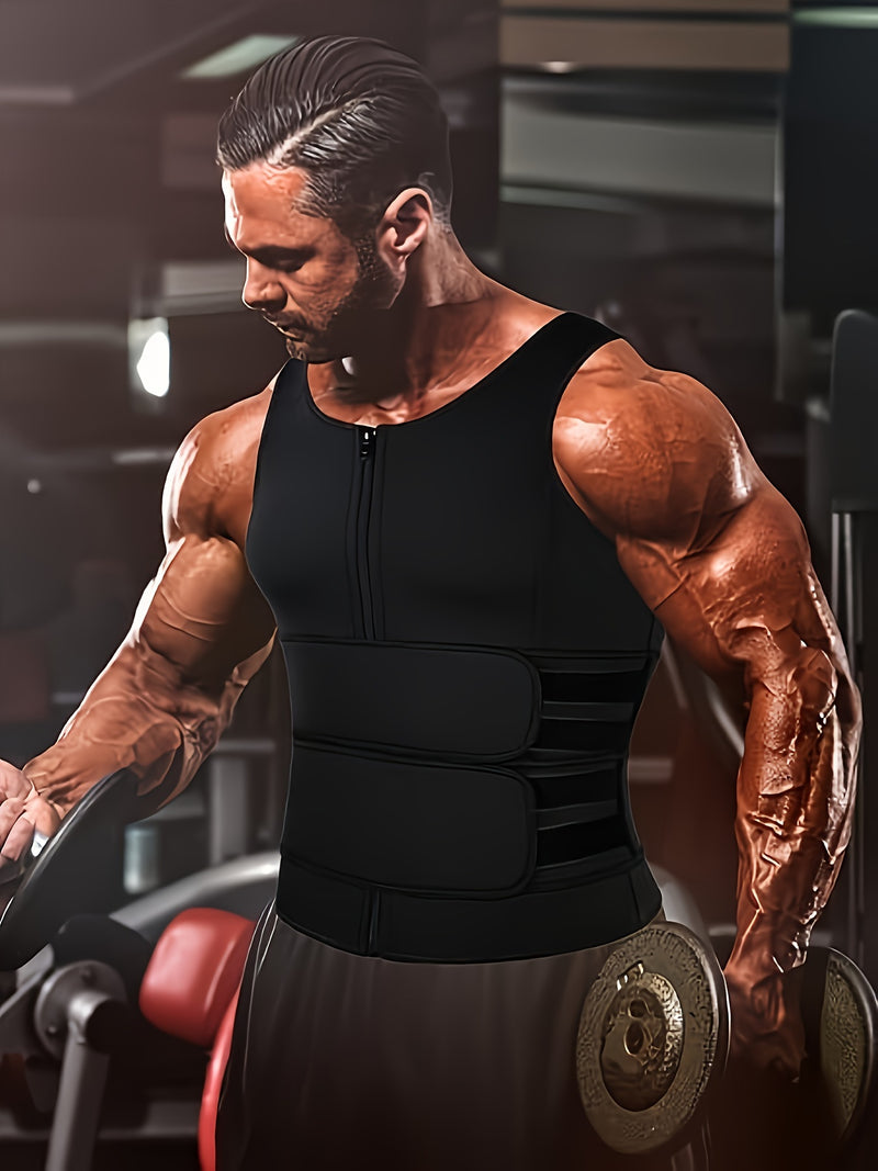 Men's Neoprene Sauna Zipper Waist Training Vest, Slimming Body Shaper with Two Belts