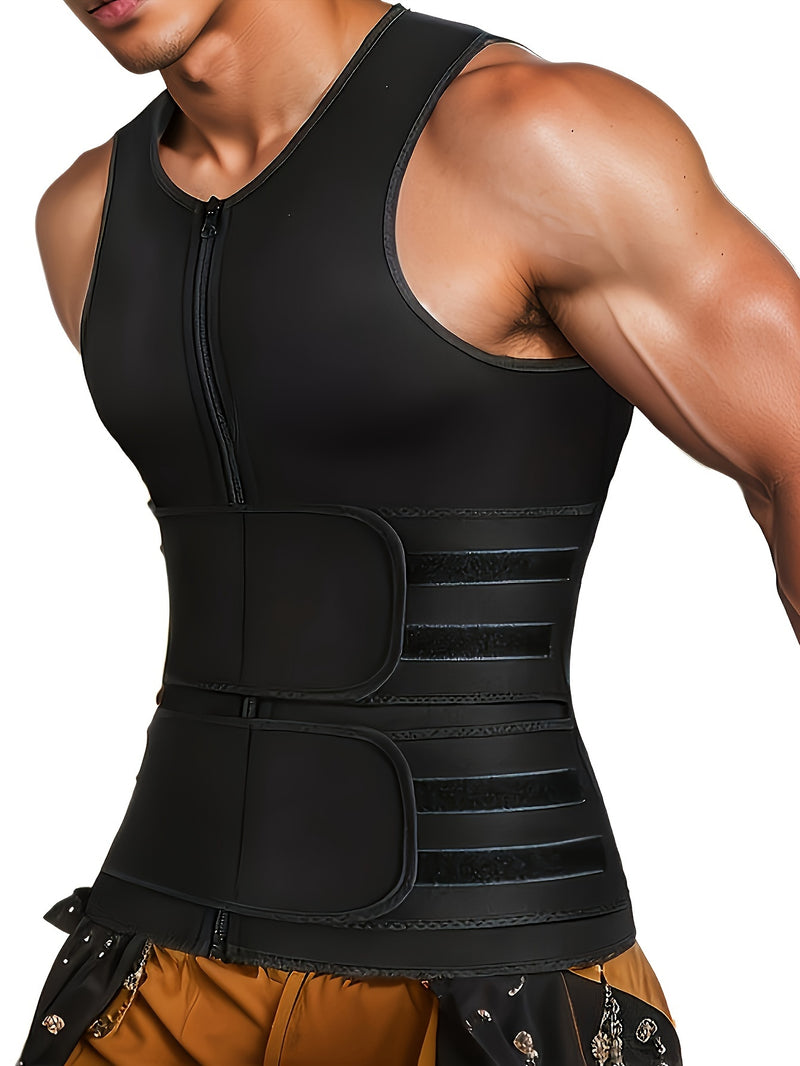 Men's Neoprene Sauna Zipper Waist Training Vest, Slimming Body Shaper with Two Belts