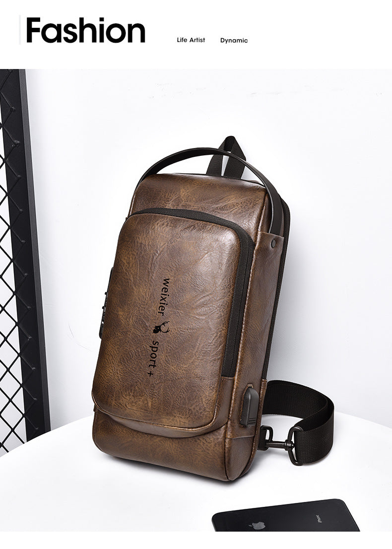 New Casual Chest Bag Travel shoulder bag Men Multifunction Anti-theft USB Charging Crossbody Bag Quality PU Leather Pack Male