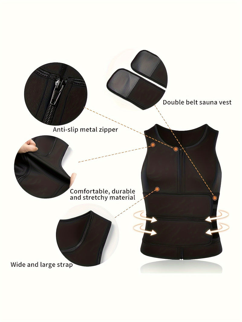 Men's Neoprene Sauna Zipper Waist Training Vest, Slimming Body Shaper with Two Belts