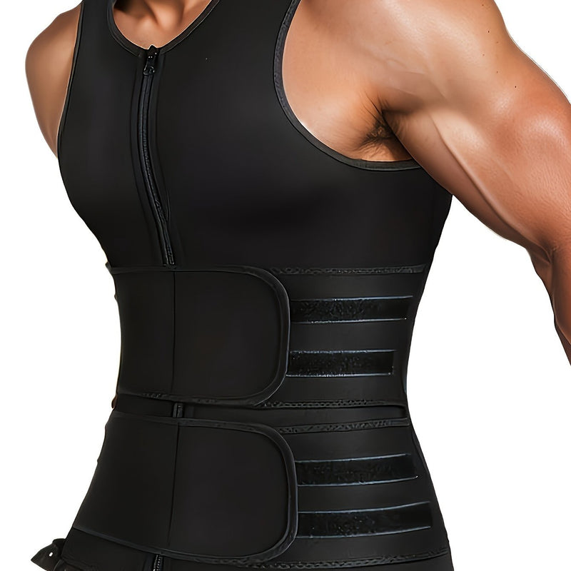 Men's Neoprene Sauna Zipper Waist Training Vest, Slimming Body Shaper with Two Belts