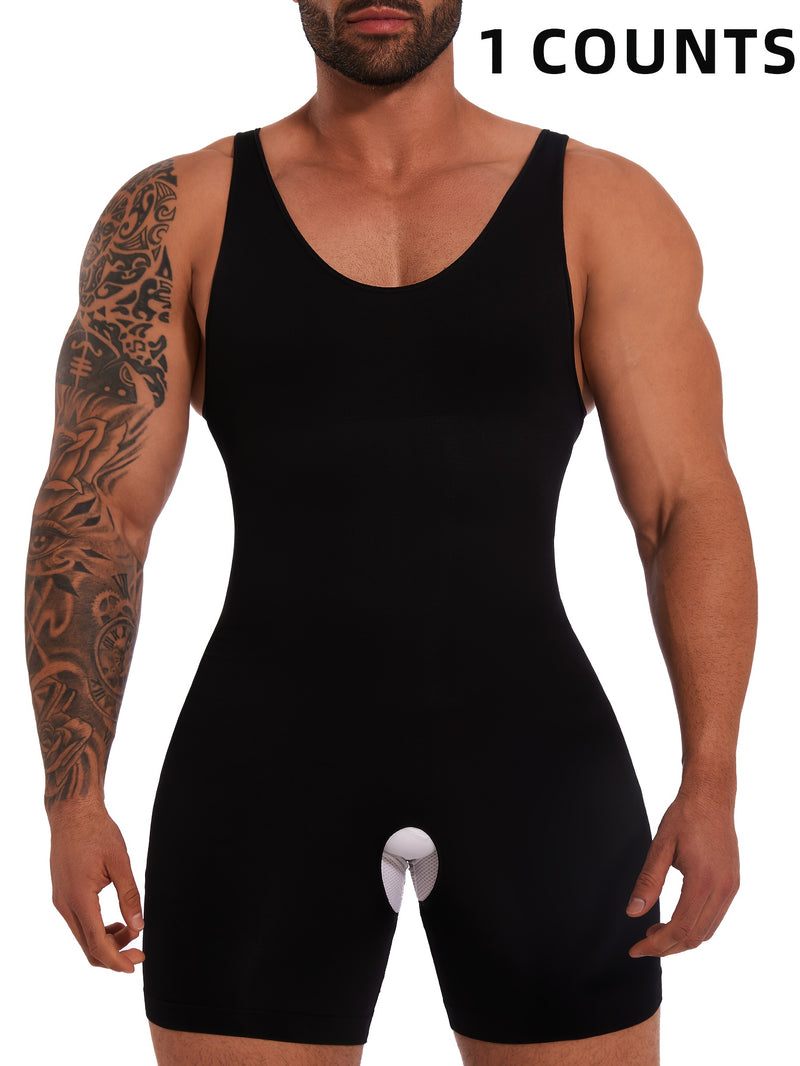 1pc Men'S Seamless Body Shaper Bodysuit - Polyamide 85% Spandex 15% High Stretch Knit Fabric, Crew Neck Sleeveless Tank Top, Solid Color Skinny Fit Shapewear with Tummy Control