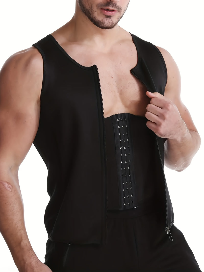 Men's Slimming Sauna Vest - Neoprene & Polyester, Zip-Up Tummy Control Workout Tank Top for Fitness & Body Shaping