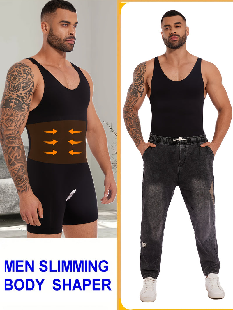 1pc Men'S Seamless Body Shaper Bodysuit - Polyamide 85% Spandex 15% High Stretch Knit Fabric, Crew Neck Sleeveless Tank Top, Solid Color Skinny Fit Shapewear with Tummy Control